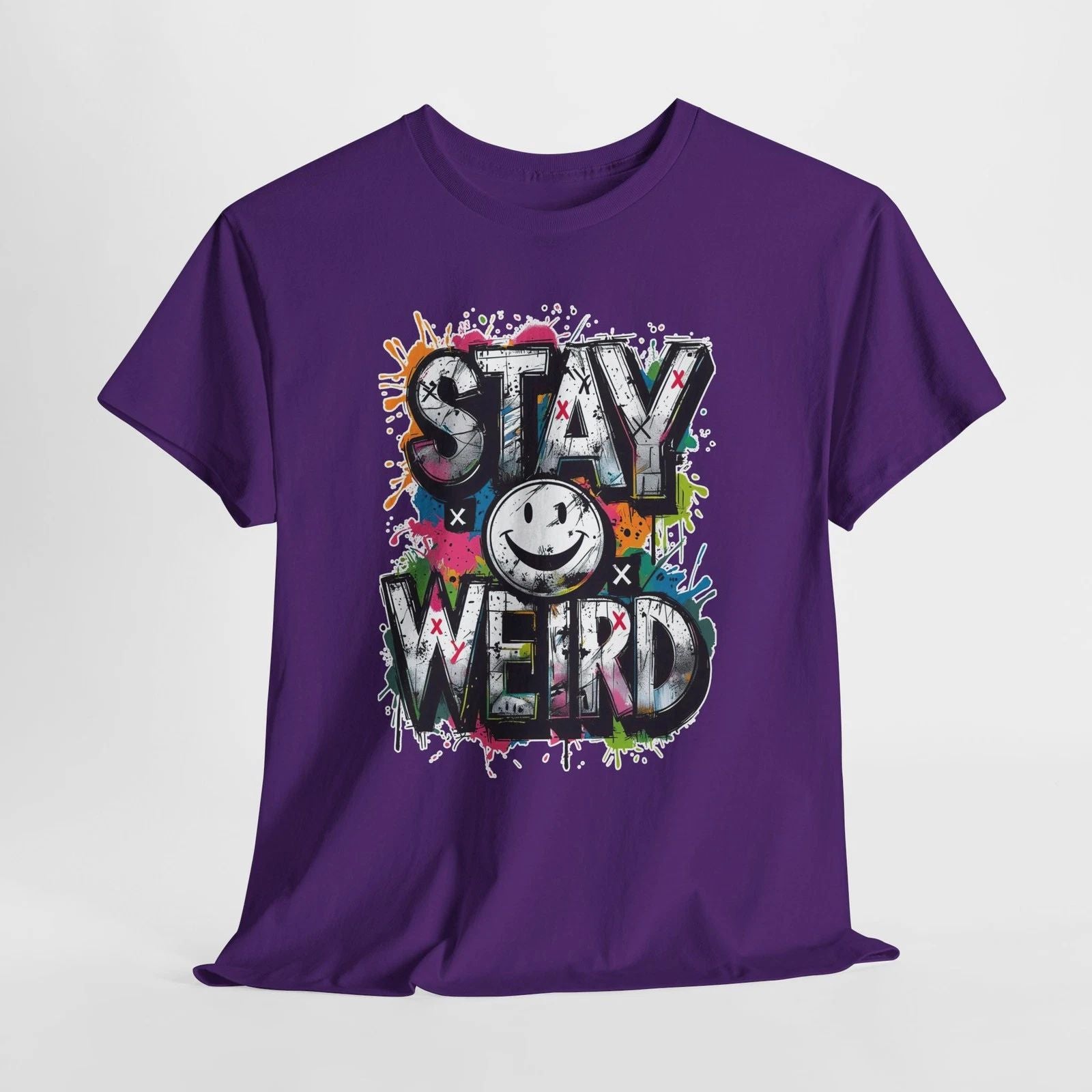 Stay Weird smiley graffiti Tee | colorful splatter street art