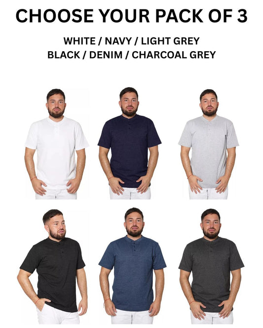 3x Mens Henley T-shirt Short Sleeve Plain Grandad Neck Tops Casual Summer (2245)
