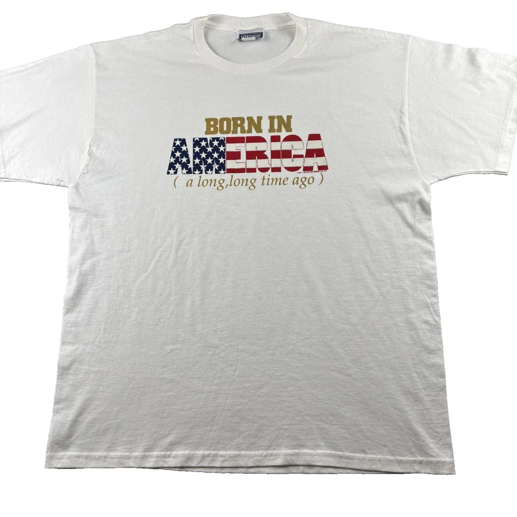 Expressions T Shirt Mens XL White Logo Born in America A Long Long Time Ago Flag