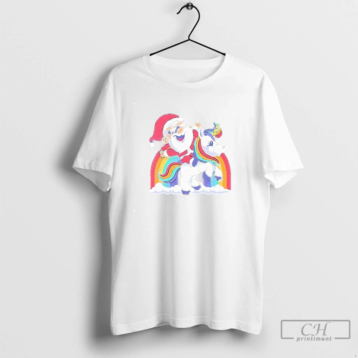 Classic Santa Riding Unicorn Rainbow Clouds Christmas T Shirts