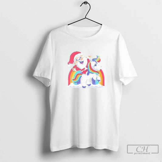 Classic Santa Riding Unicorn Rainbow Clouds Christmas T Shirts