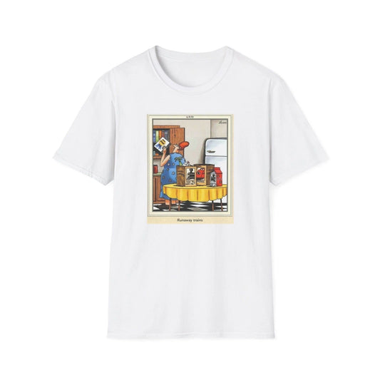 Runaway Trains Unisex Softstyle T-Shirt, Farside Newspaper Cartoon Tee