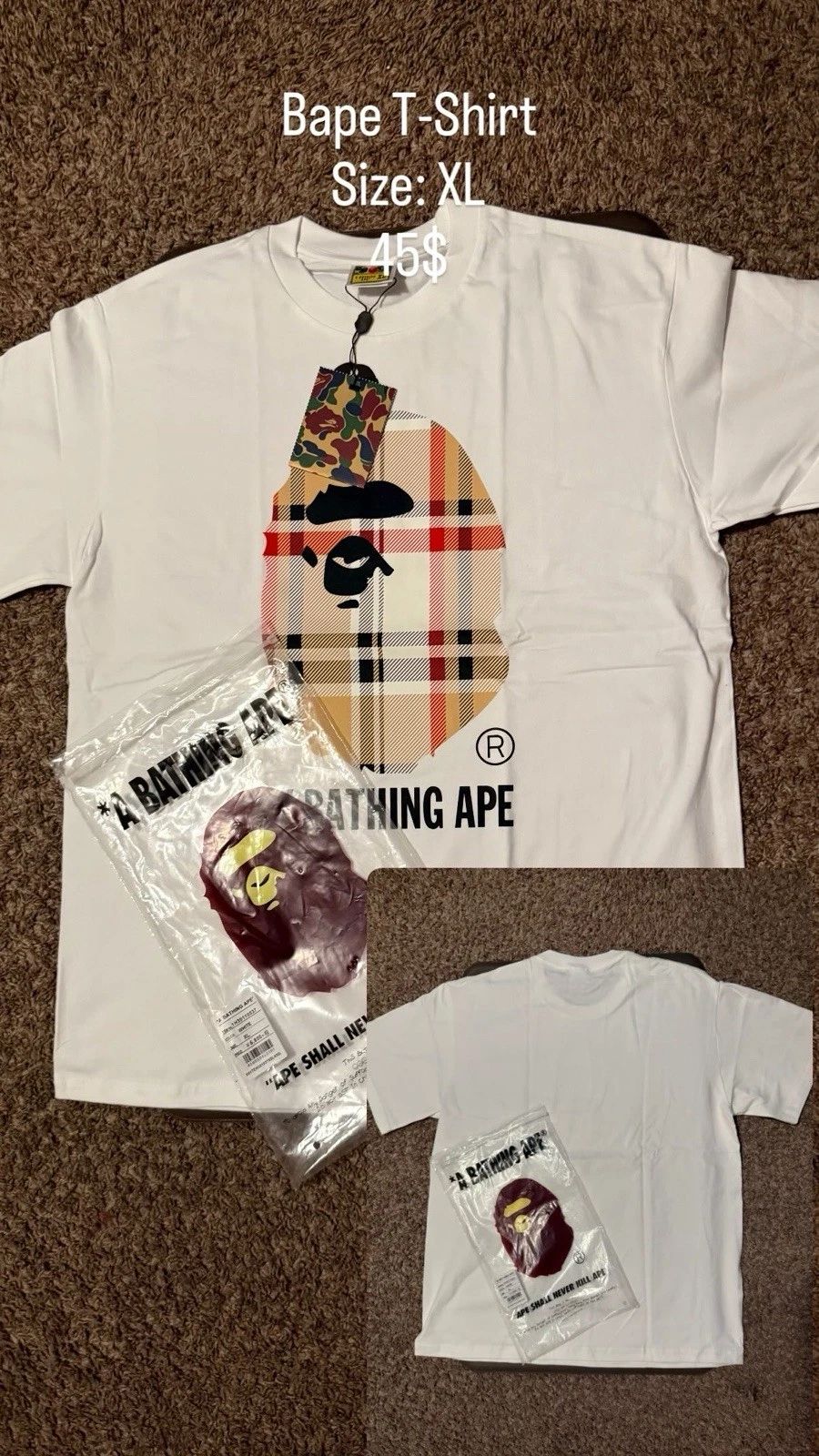 A Bathing Ape XL White Graphic Logo Crew Neck Cotton Men's Short Sleeve T-Shirt