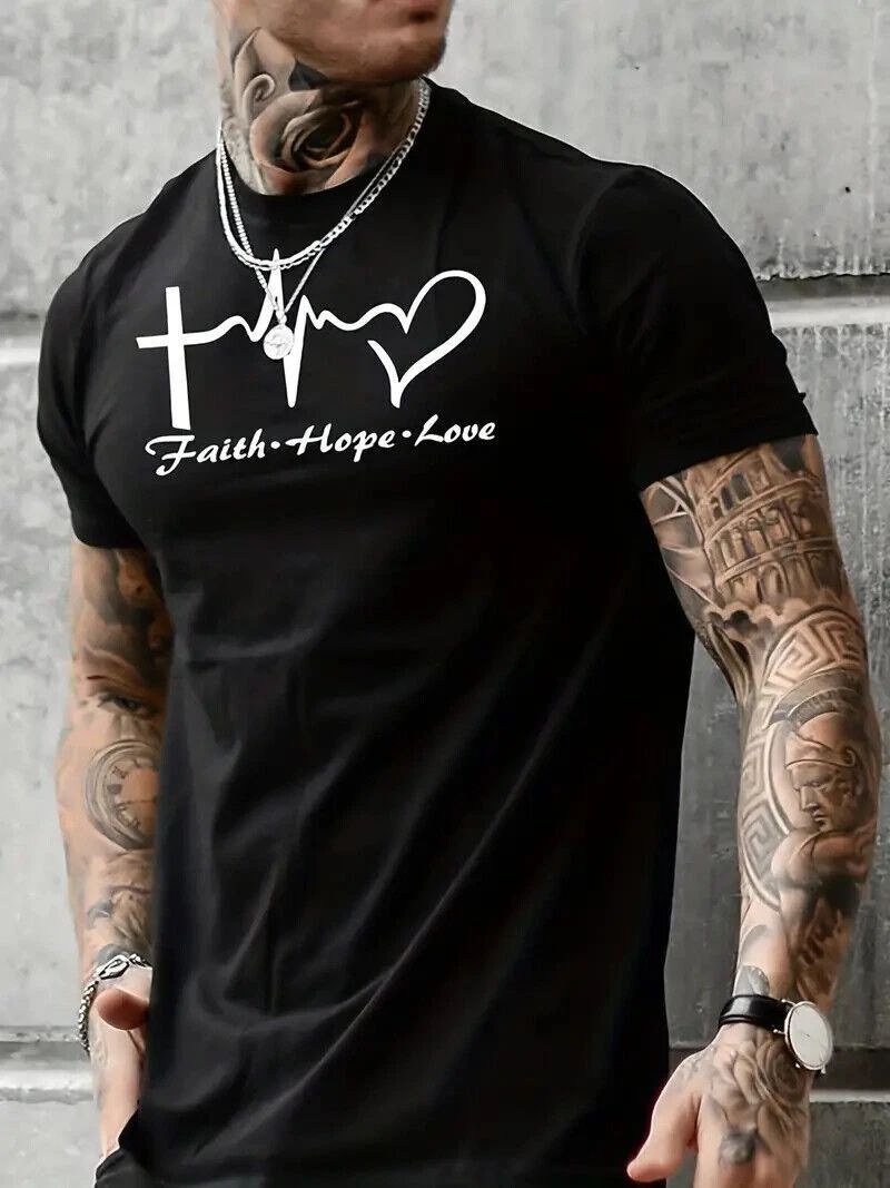 T-Shirt Men Faith Hope Love Cross Heart Graphic Print Black Casual Short Sleeve