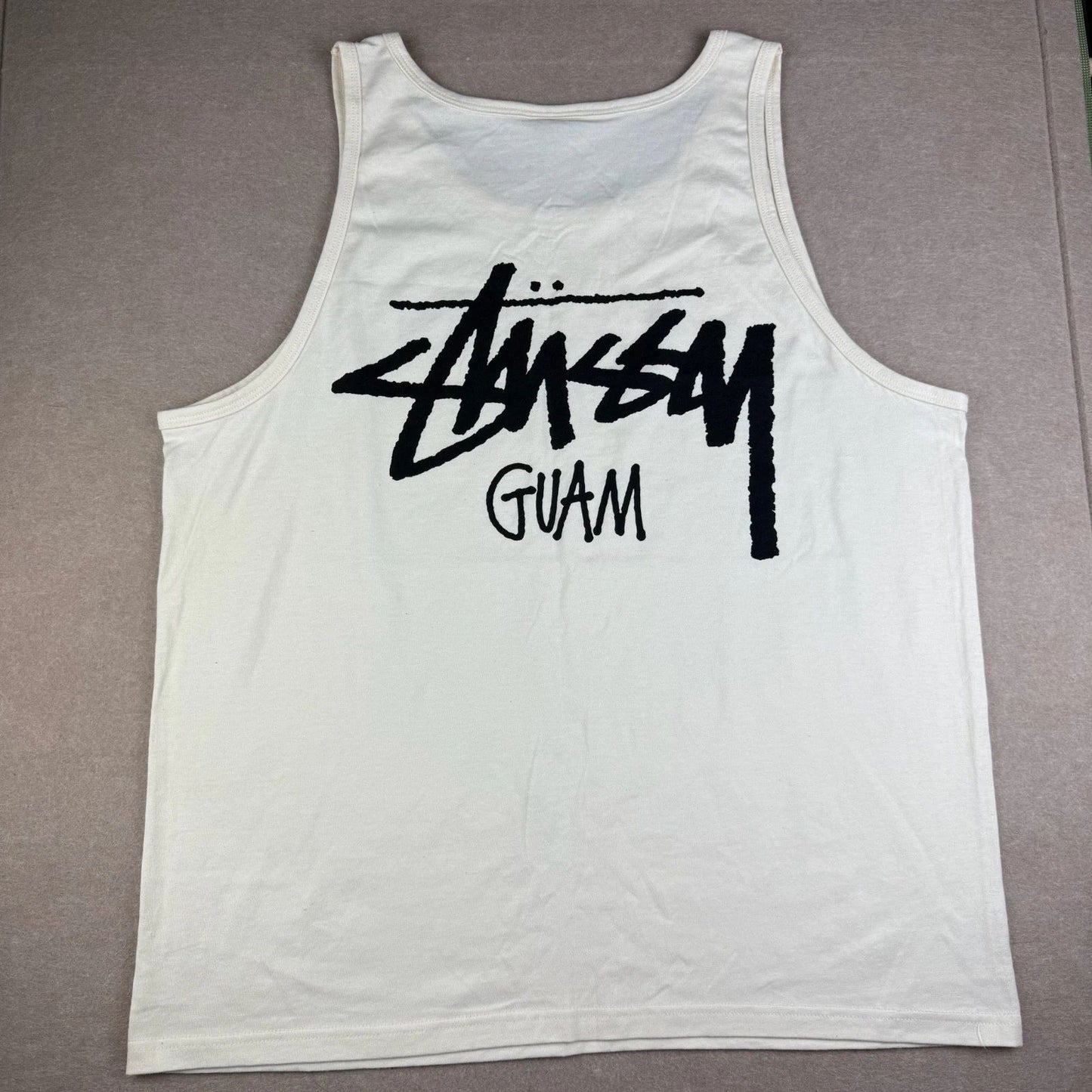 Stussy Guam Tank Top Mens XL White Oat Streetwear Graphic Logo Sleeveless Tee