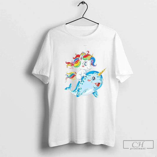 Classic Cute Unicorn Riding Narwhal Rainbow Friendship T Shirts