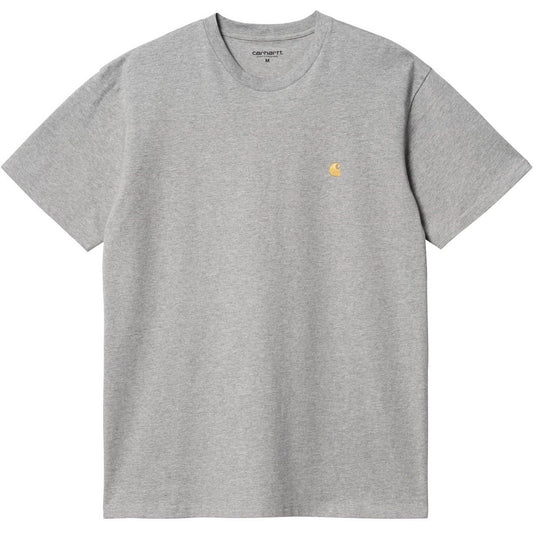 Carhartt Mens T-Shirt WIP Chase Logo Branded Jersey Cotton Tee Grey Heather Gold