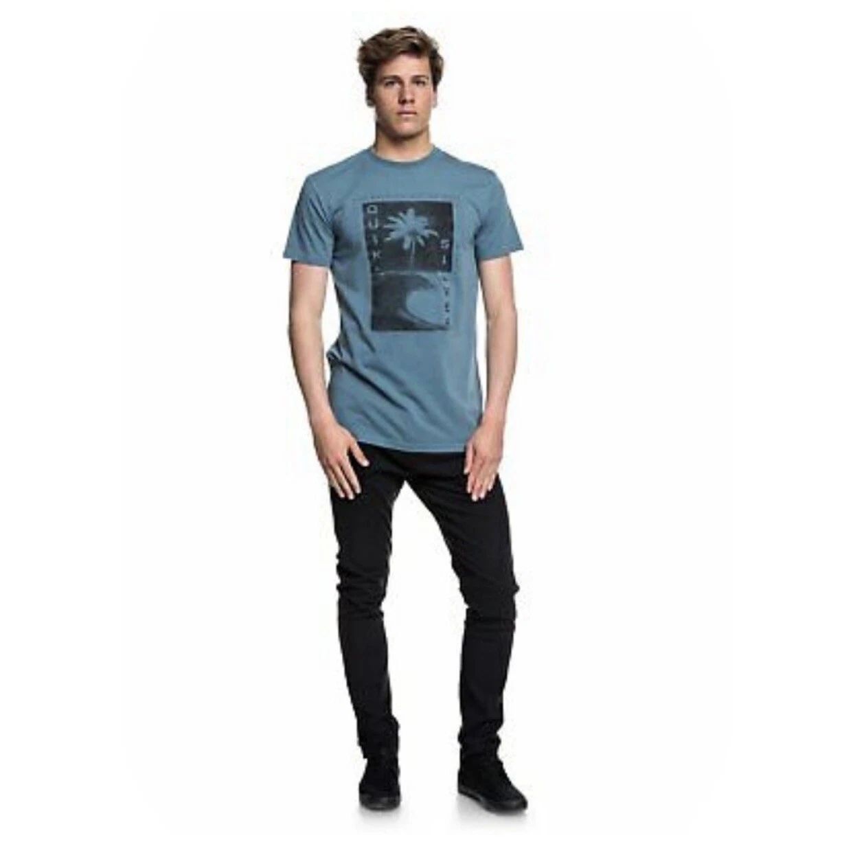 Quiksilver Destroyed Reality Tee Size Small Teal Blue Graphic Surfer NWT