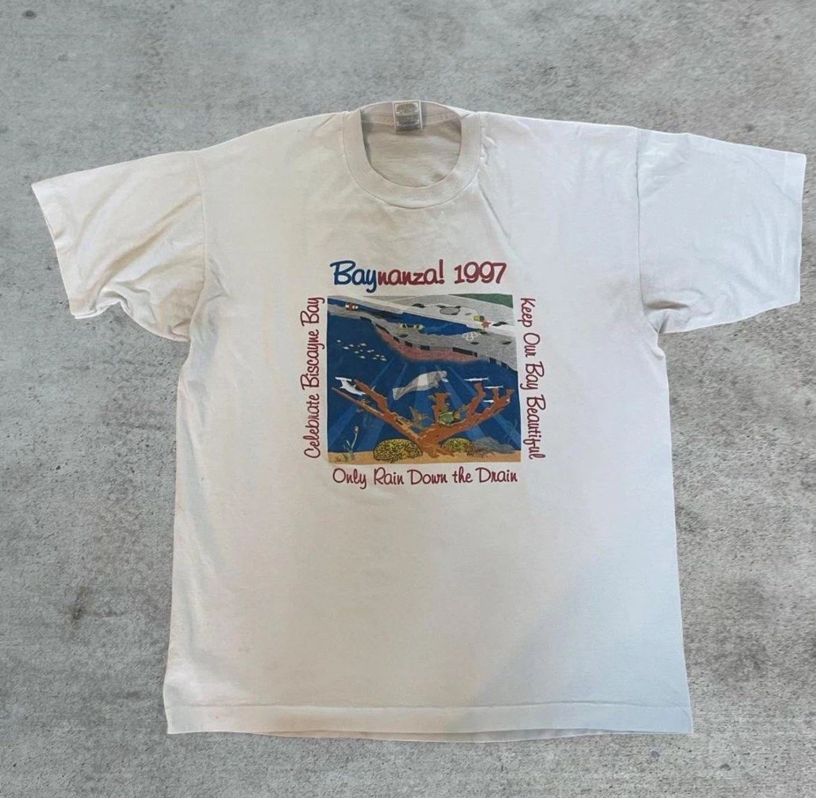 Vintage Baymanzal! 1997 Biscayne Bay White T-Shirt 90s Size XL Nature tee