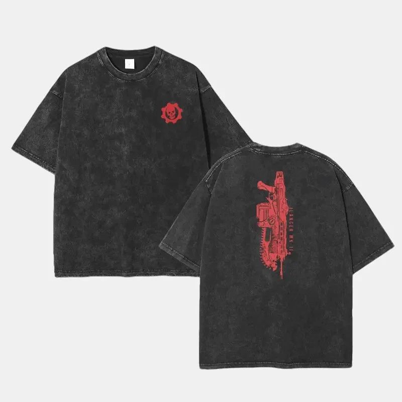 Gears of War Lancer Washed T-shirt Double Printed Unisex Acid Washed Lightweight