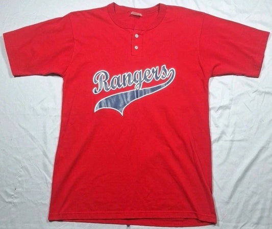 VTG Mens Texas Rangers Spellout Henley Neck T Shirt Size Large Red Made in USA