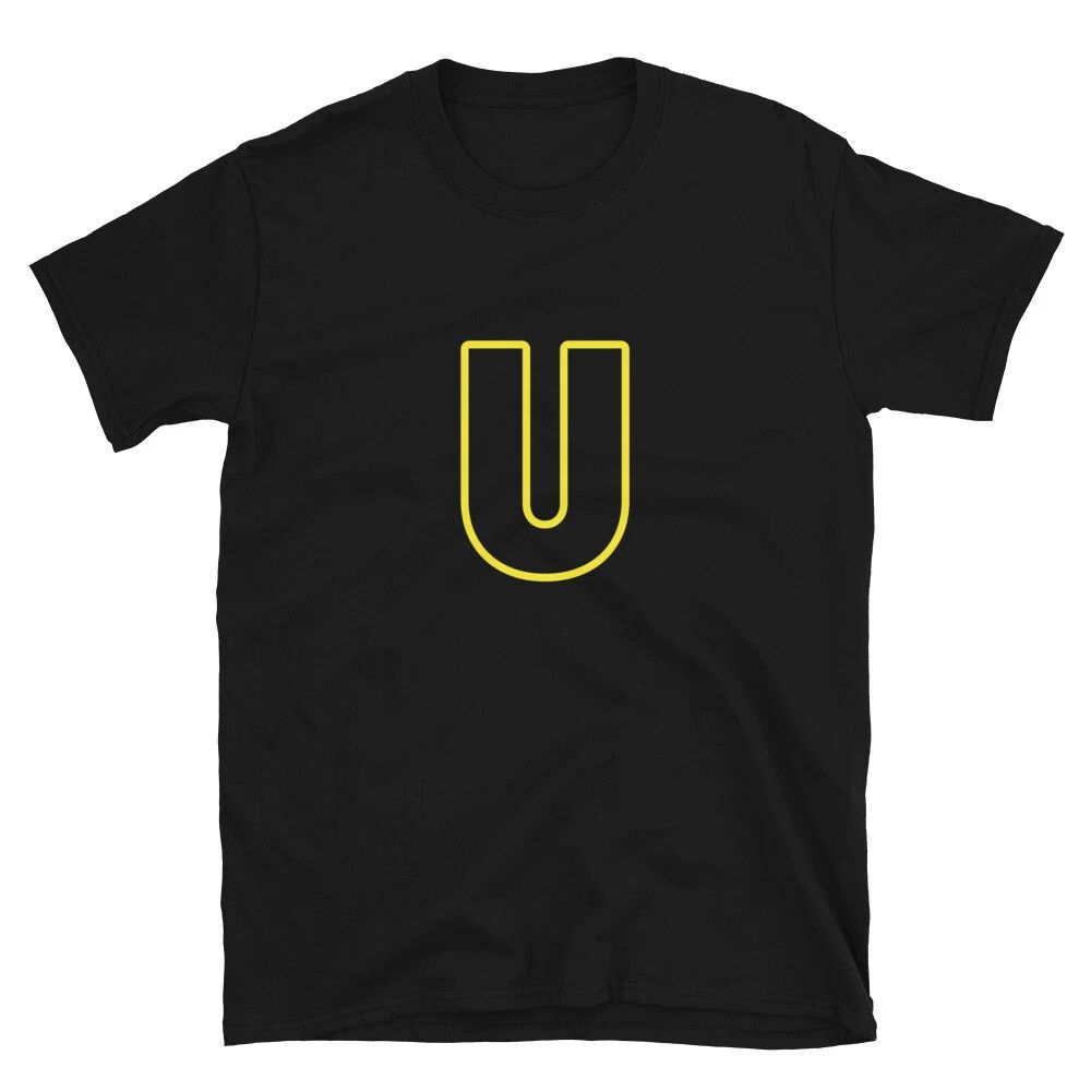 Letter  U Yellow Bold Font Simple Black T-Shirt