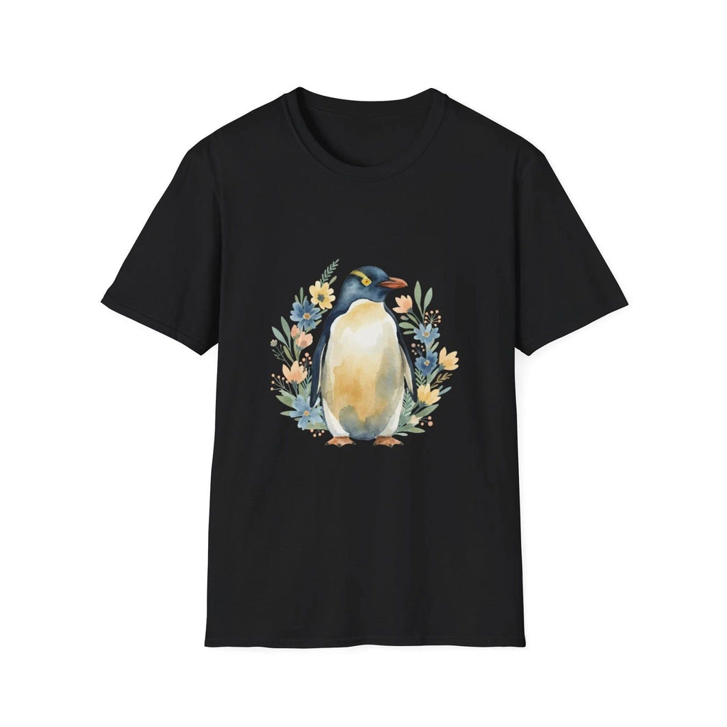 Penguin Floral Watercolor Nature Black T-Shirt Cute Aesthetic Print Tee