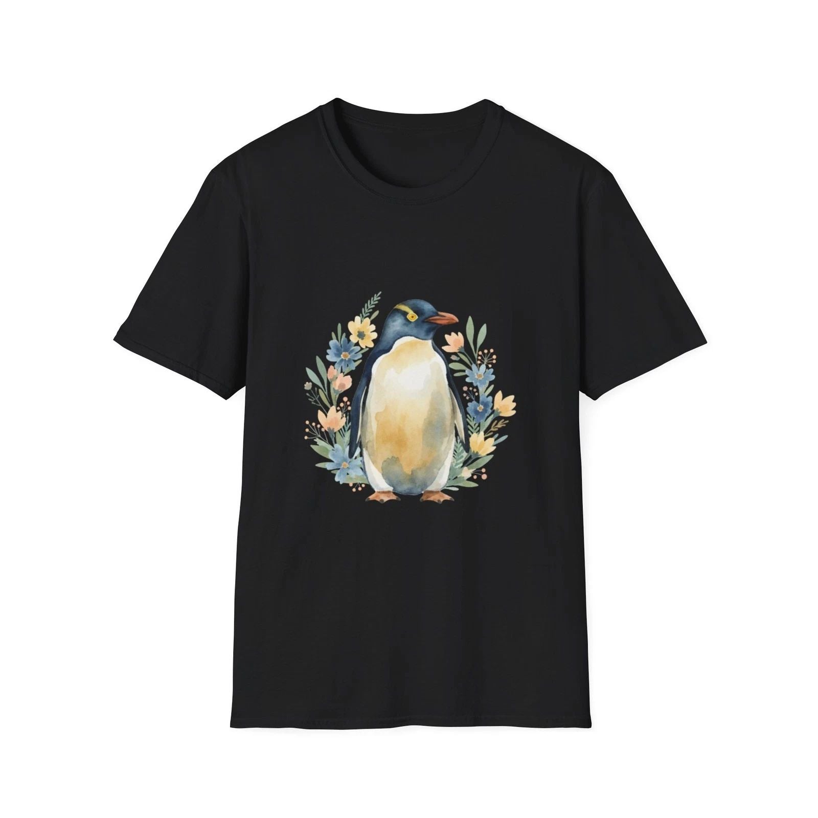 Penguin Floral Watercolor Nature Black T-Shirt Cute Aesthetic Print Tee