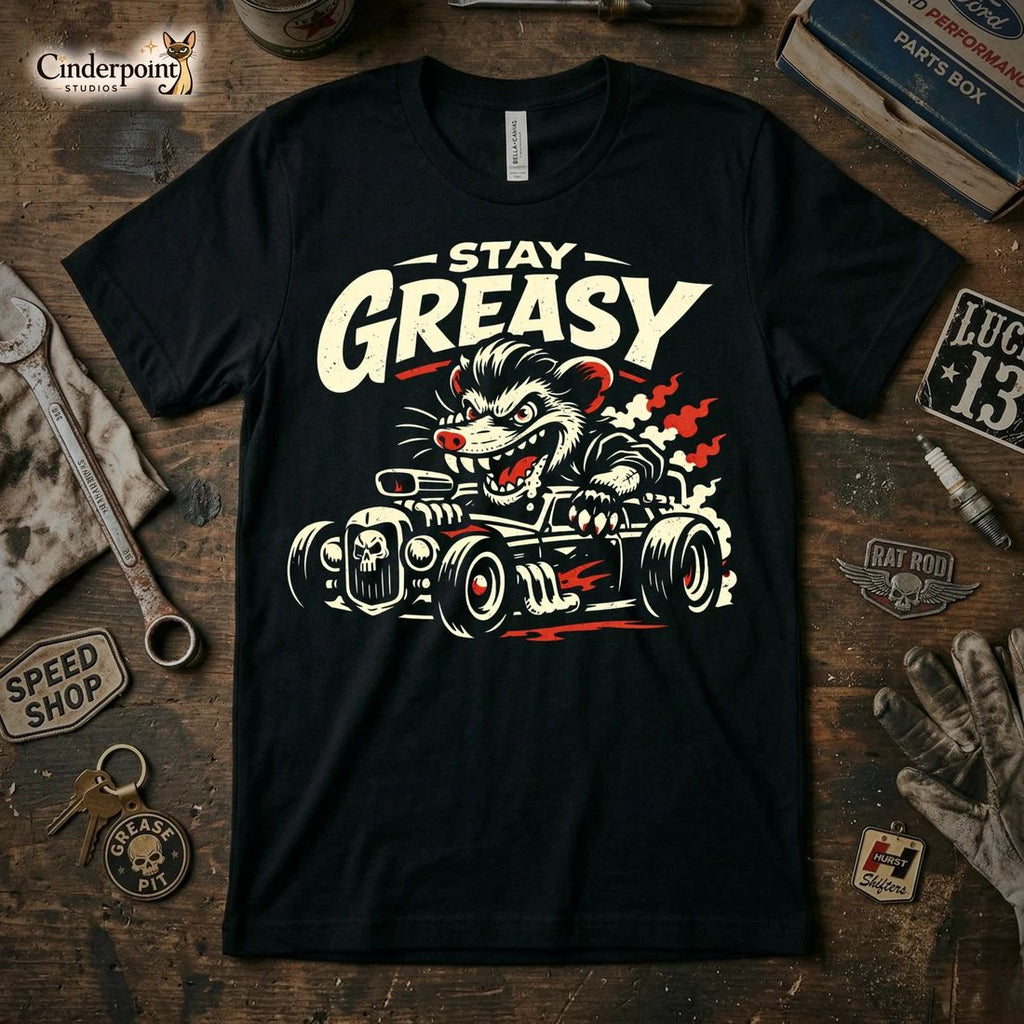 Stay Greasy T-Shirt Rat Rod Possum Lowbrow Art Graphic Tee Hot Rod Garage XS-5X