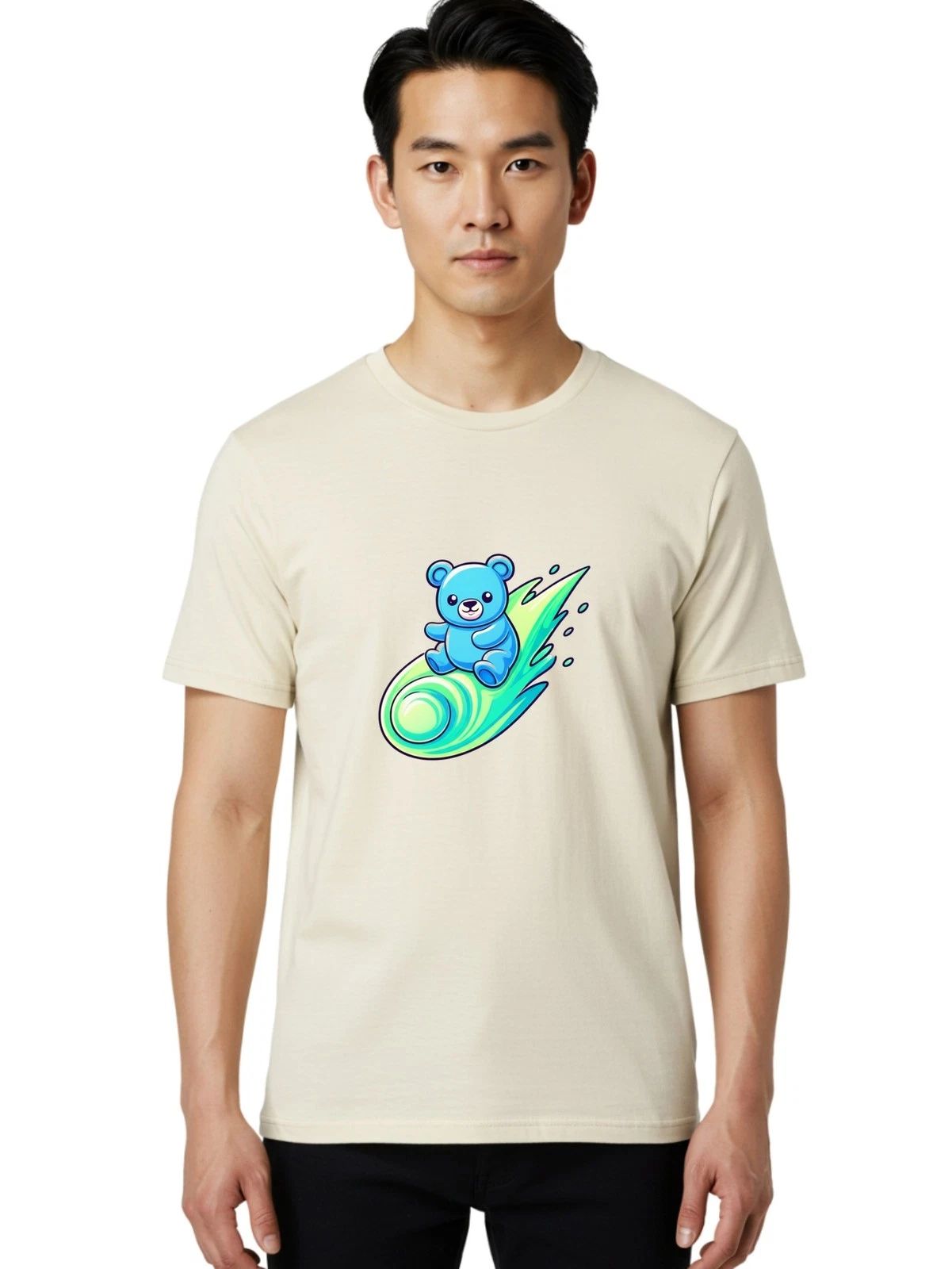 Blue-Bear-Surfing-1 Mens Graphic Tee,100% Cotton,Casual Summer Wear