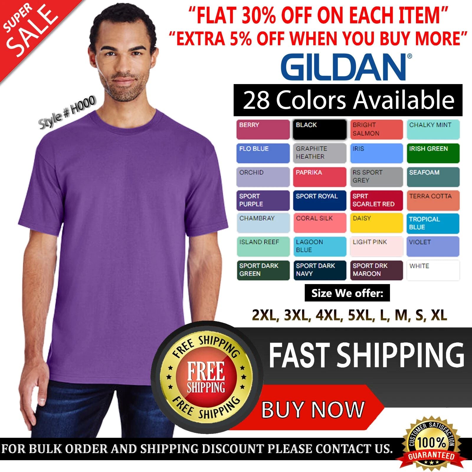 Gildan Plain Hammer Adult Ring Spun Cotton Short Sleeves T-Shirt H000 S-5XL