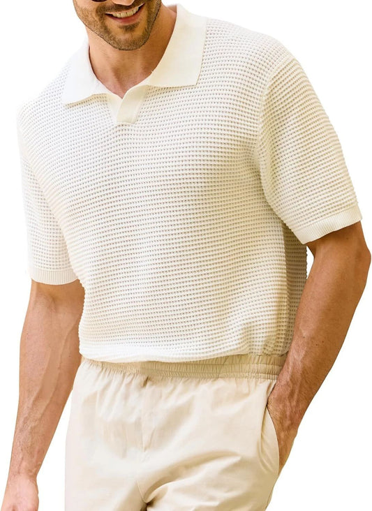 Men's Cotton Knit Polo Shirt - Textured Short Sleeve - Casual Summer Beach Top