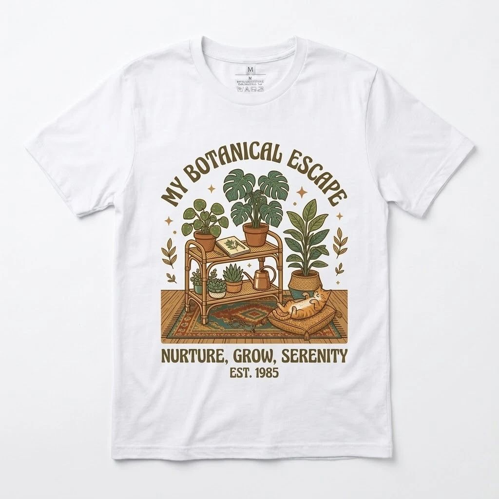 Botanical Escape T-Shirt Plant Lover Gift Retro Boho Garden Cat Mom Tee Est 1985