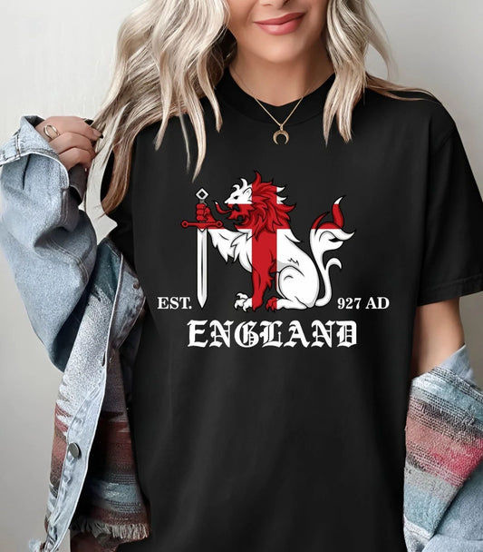 Vintage England 927 AD Lion T-Shirt - St Georges Cross Medieval Heritage Tee