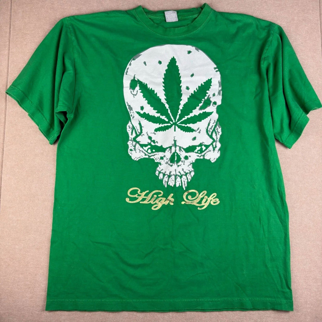 Y2K N New Rizon T Shirt Mens 2XL Green Skull Cannabis Leaf Graphic High Life