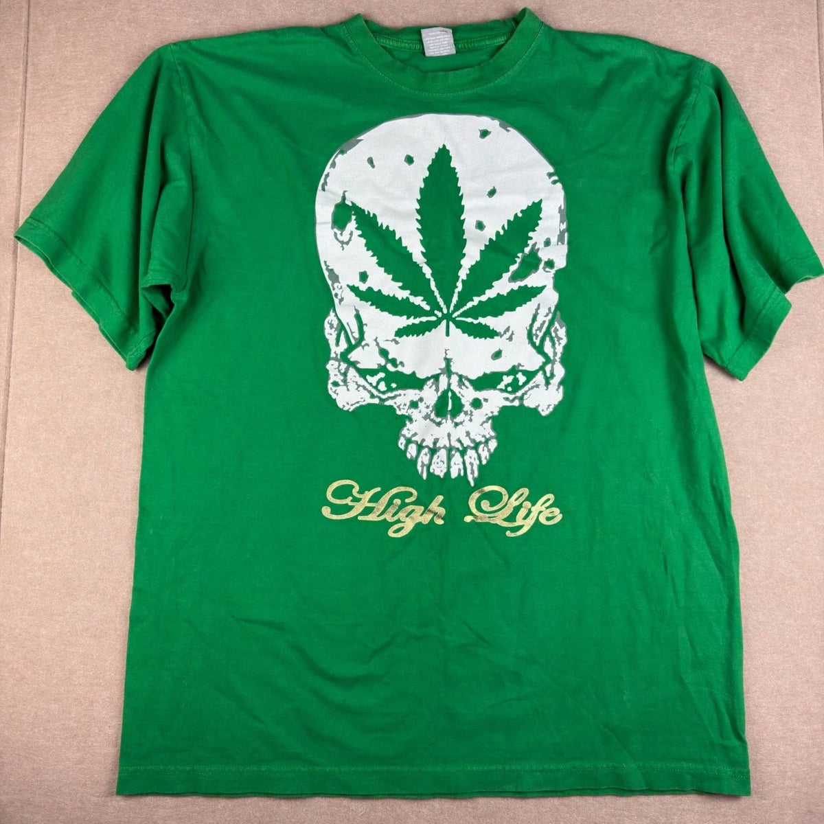 Y2K N New Rizon T Shirt Mens 2XL Green Skull Cannabis Leaf Graphic High Life