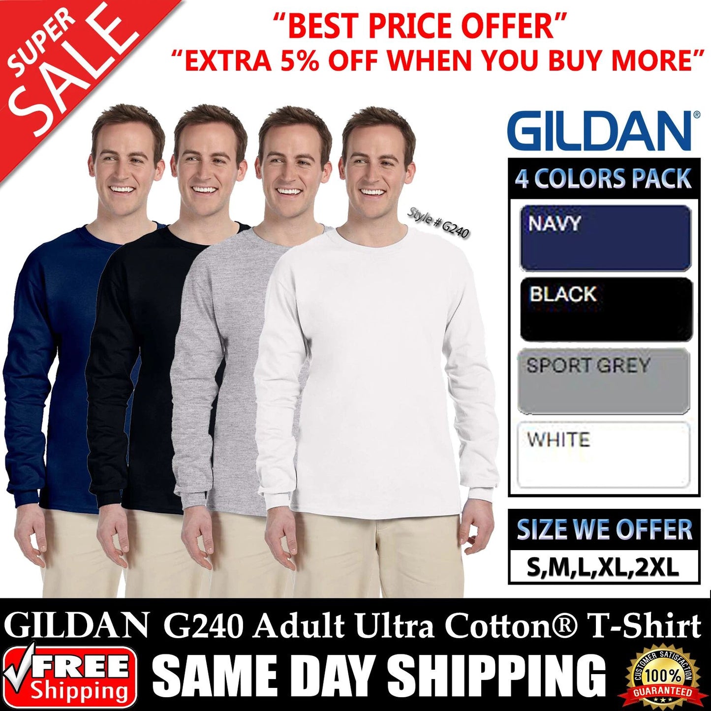 PACK OF 4 Gildan Mens T-Shirt Long Sleeves Ultra Cotton Blank T Shirt - G240