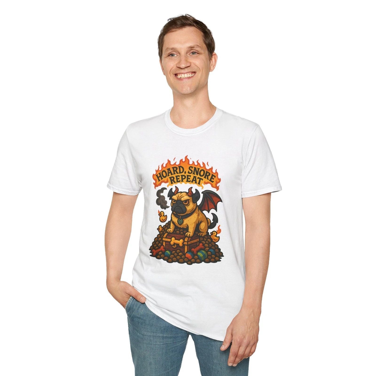 Unisex Softstyle T-Shirt Dragon Pug Guarding Treasure Fantasy Cartoon Design