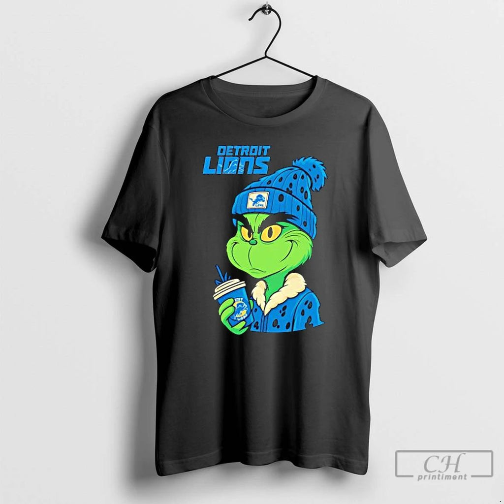 Premium Detroit Lions Grinch With Christmas Hat Logo T Shirts