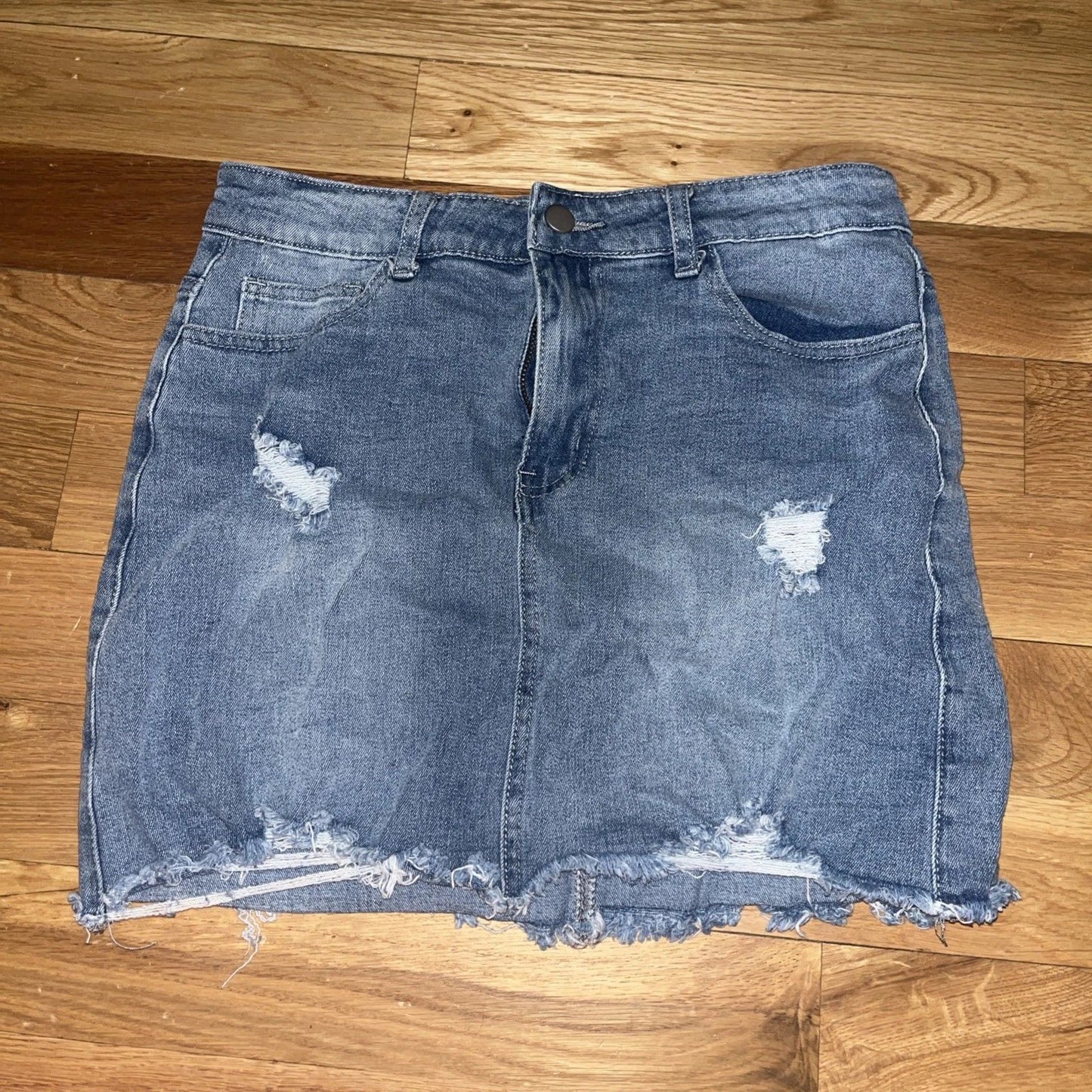 Gobles Mid Waist Zipper Closure Frayed Raw Hem Ripped Mini Denim Medium Skirts Q