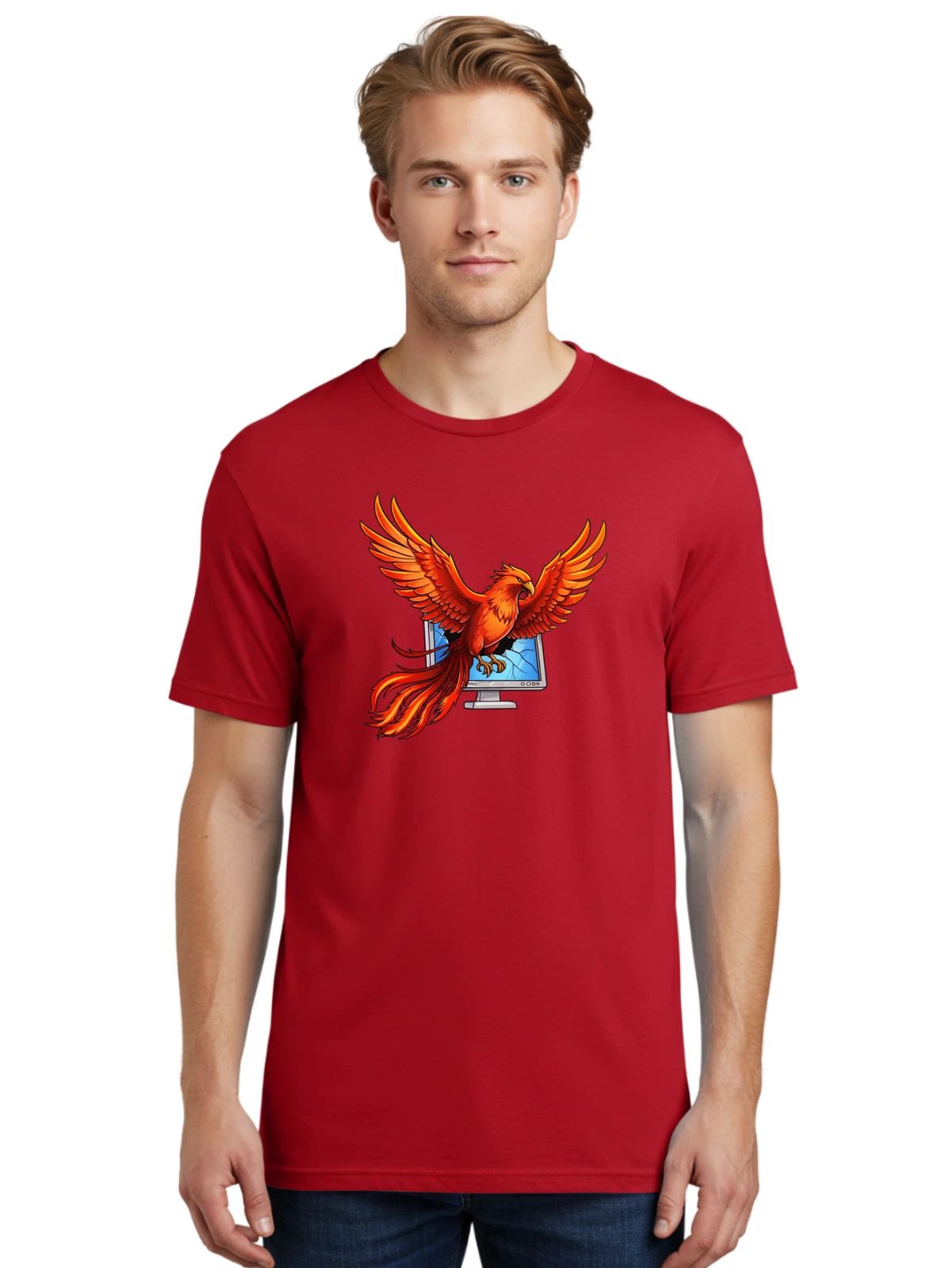 Phoenix-Rising-From-Computer Mens Graphic Tee, 100% Cotton, Casual Summer Wear
