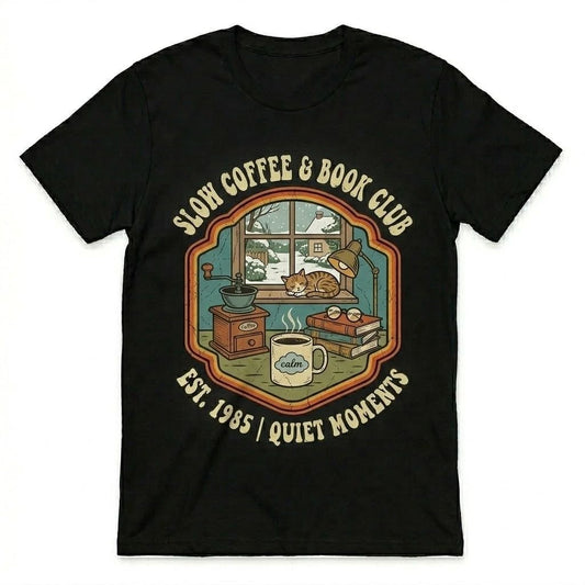 Vintage Slow Coffee Book Club Shirt Est 1985 Cat Lover Gift Tee Retro Black Top