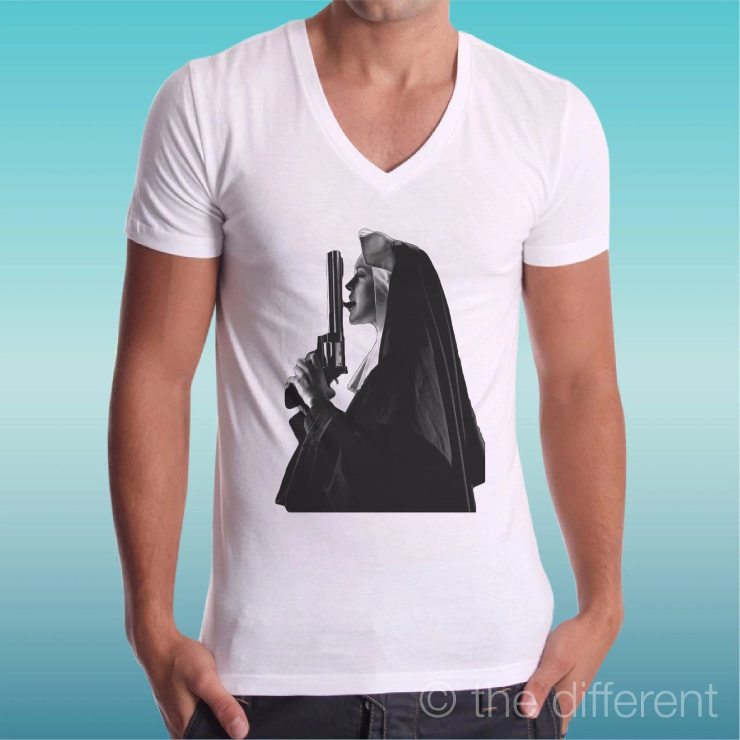 T-shirt White V Neck Jersey Nun Lollipop Gun Nun Lick Pistol Gift Idea
