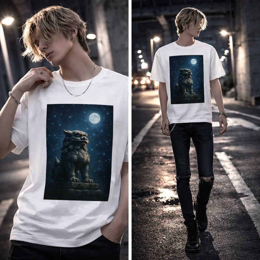 Shinora Komainu Graphic T-Shirt Japanese Guardian Streetwear Moon Print Unisex