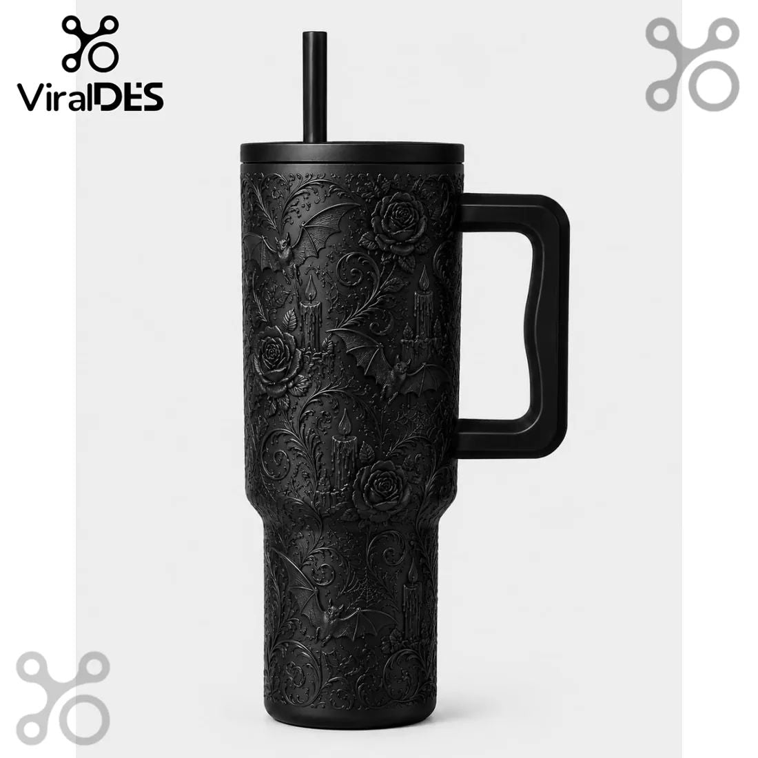 Matte Black Halloween Bat Floral 40oz Tumbler