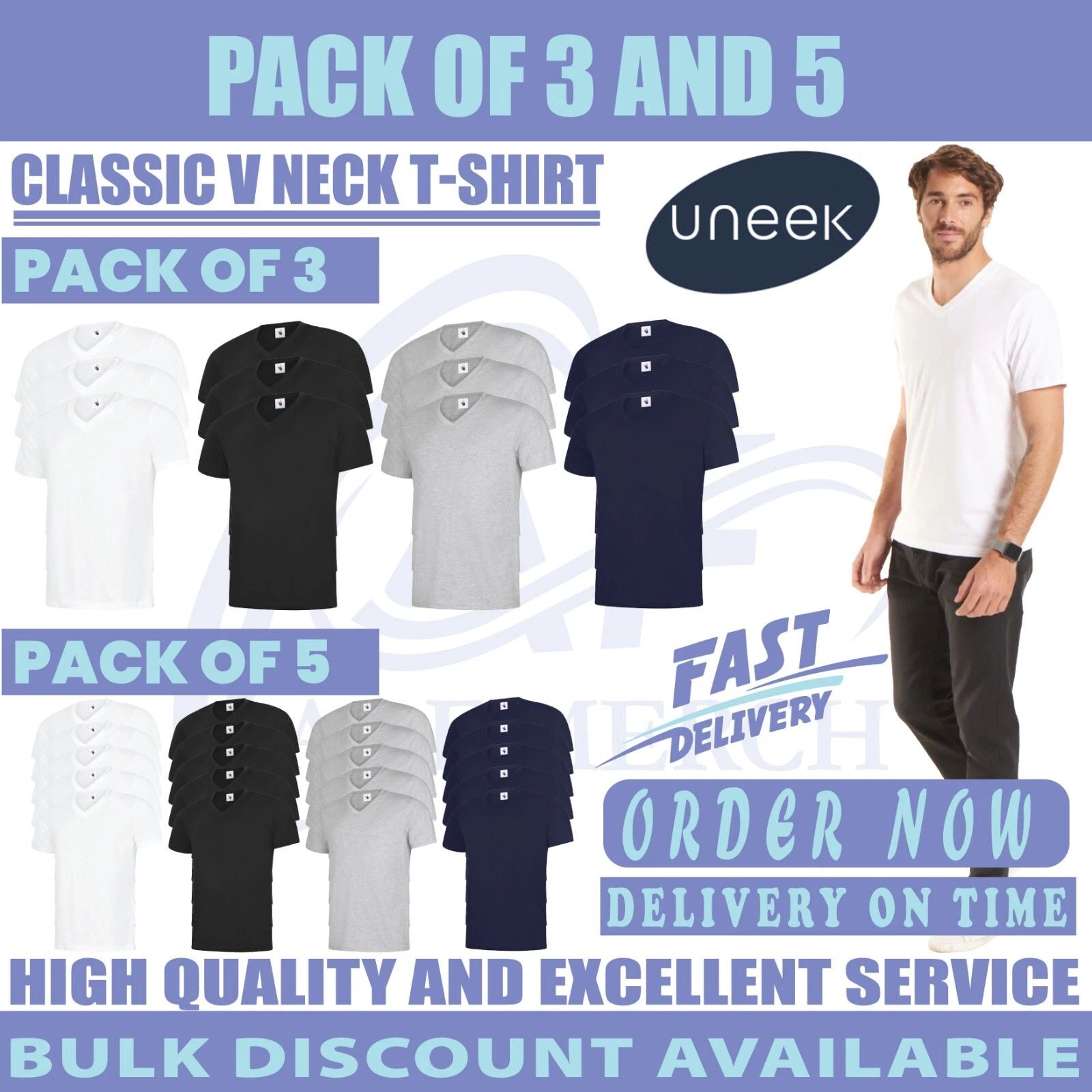 Packs Of 5 & 3 Classic V Neck T-Shirt Plain Short Sleeve