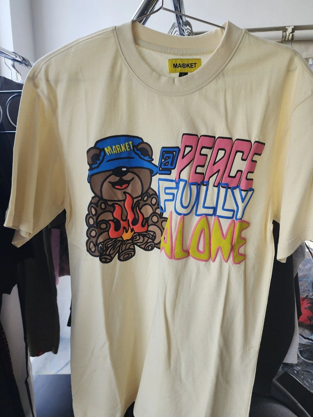 MARKET Men's Bear Peacefully Alone Graphic Print T-Shirt Beige Cotton S