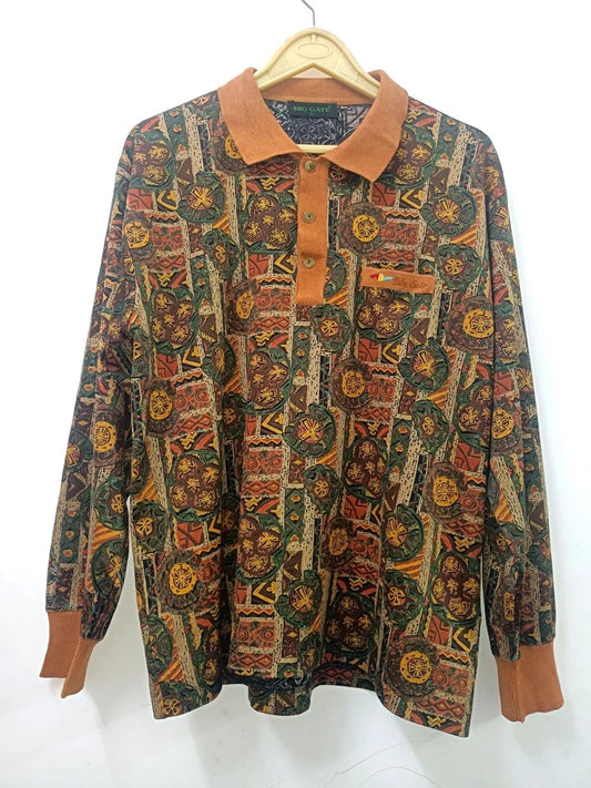 VINTAGE Big Gate Geometric Polo Shirt Men's XL 90s Grandpa Core Long Sleeve 43"