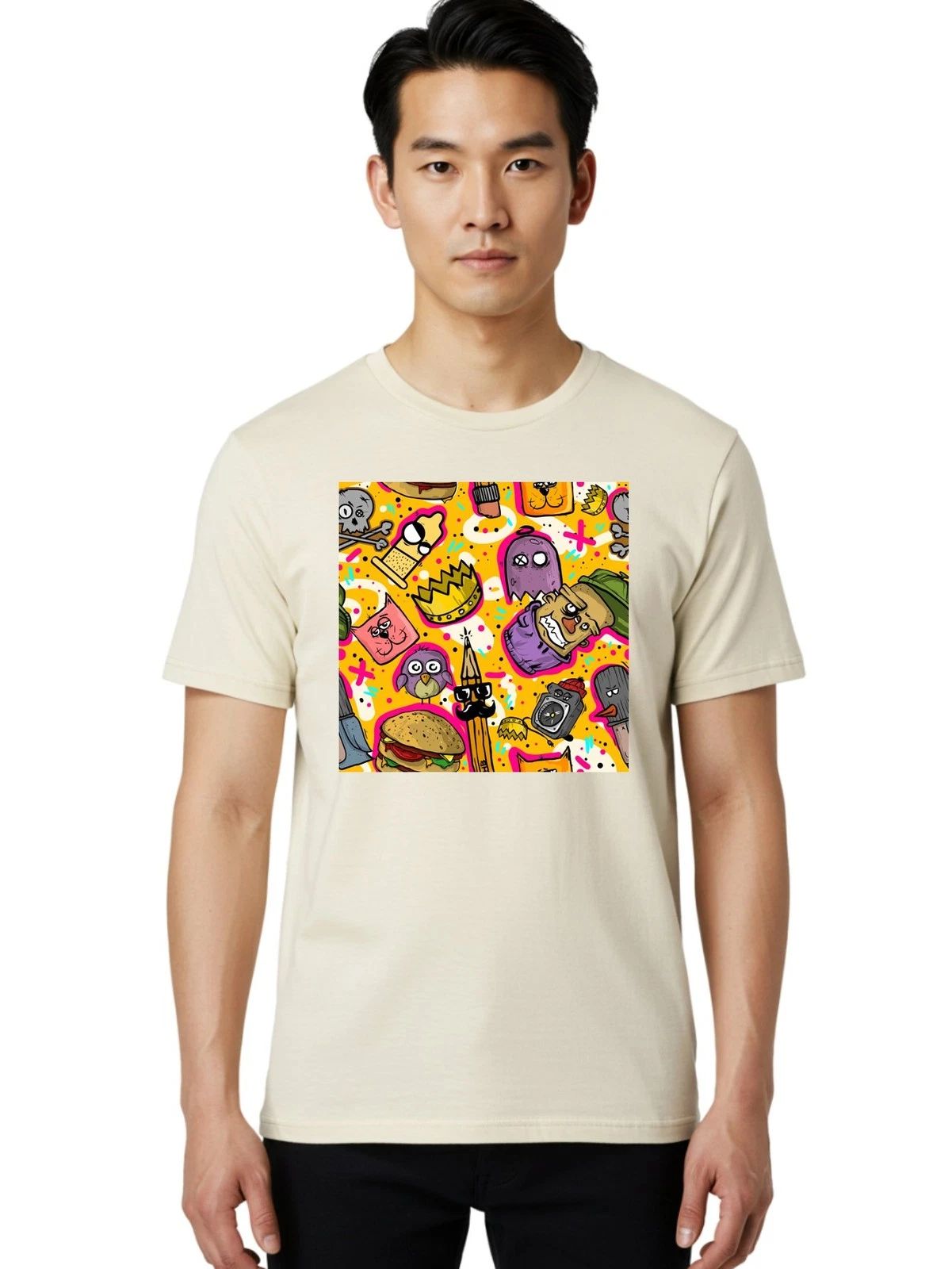Kawaii-Characters Mens Graphic Tee, 100% Cotton, Casual Summer Wear