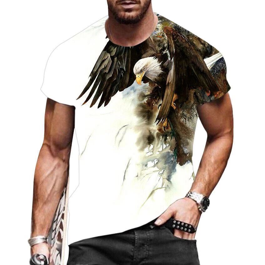 Mens T-Shirt Eagle White Fashion Graphic Print Short Sleeve Streetwear Tee Shirt