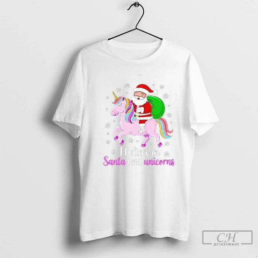 Classic I Believe In Santa And Unicorns Christmas T Shirts