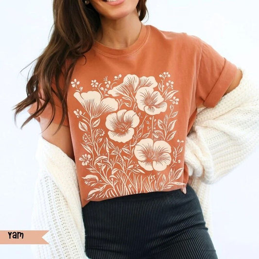 Vintage Pressed Flowers Boho Comfort Tee Shirt Soft Relaxed Fit