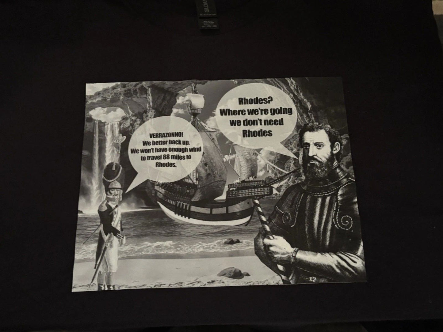 Xxl Black Gildan Short Sleeve. Verrazano Time Travel Front. DTF Transfer