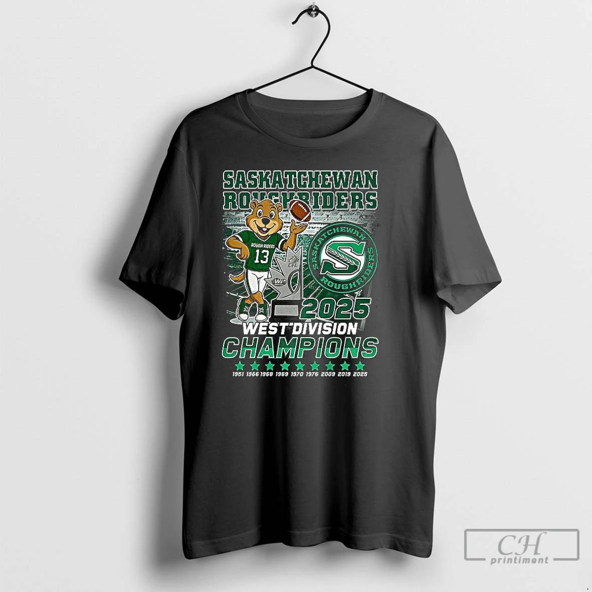 Classic Saskatchewan Roughriders West Division Champions 2025 Trophy Mascot T Shirts