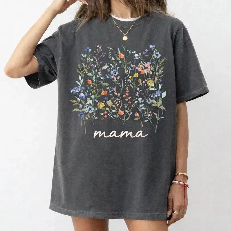 Women's Mama Flowers Boho Graphic Print Soft Cotton Comfort Tee Gift
