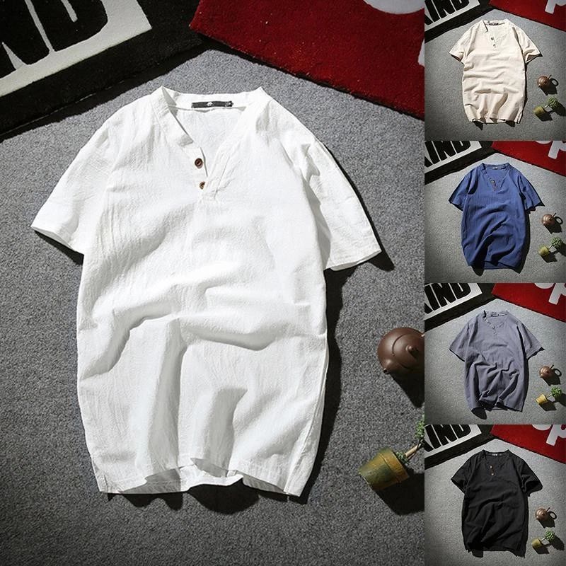 Short Sleeve Shirts Tee Men Tops T-Shirtplain Solid Color Casual V Neck *
