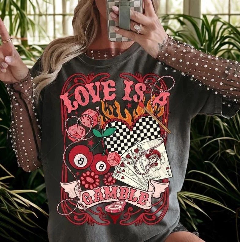 Love Is A Gamble Graphic Tee, Retro Cowboy Casino Collage T-shirt, ONLY T-SHIRT