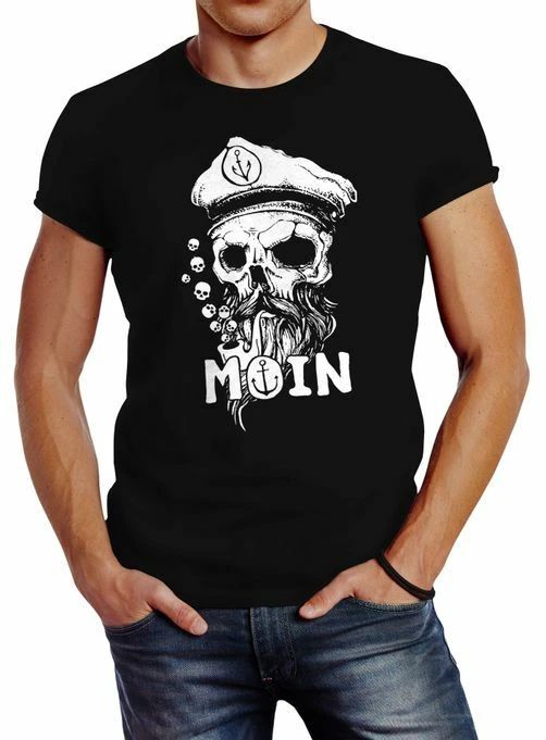 Herren T-Shirt Moin Kapitän Totenkopf Anker Bart Hamburg Fashion Streetstyle