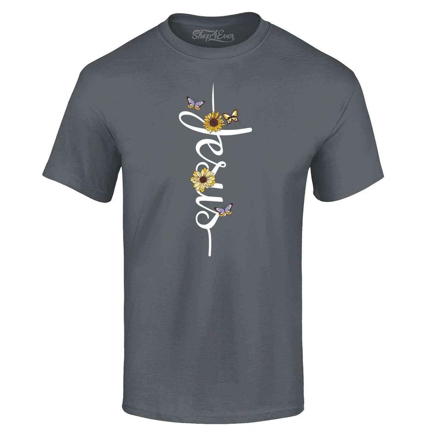 Jesus Script Cross Flowers and Butterflies T-shirt Religious Shirts