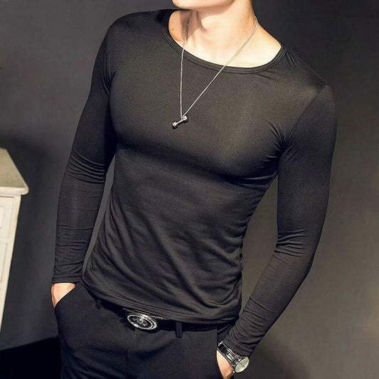 Mens Long Sleeve Crew Neck T-shirt Slim Stretch Undershirt Top Tee Shirt
